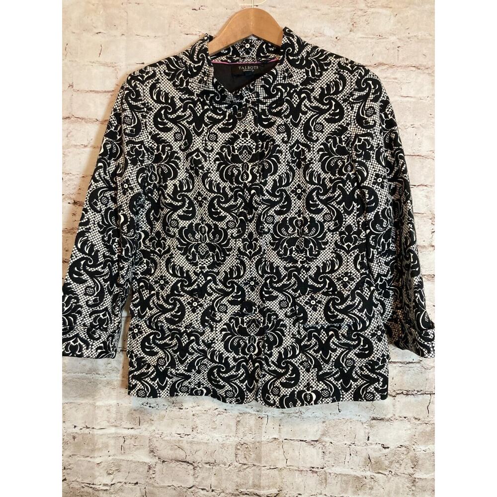 Talbots Jacket Womens 10 Black Jacquard Print Button Front Pockets Cotton